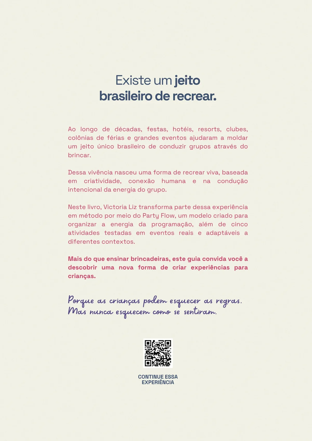 Contracapa do livro: “Existe um jeito brasileiro de recrear”, com o texto de apresentação e um QR code